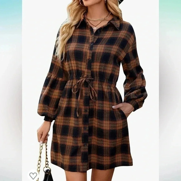 Tops - Womens Plaid Dress Flannel Puff Sleeve Dress